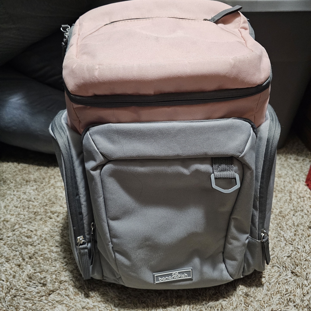 Pink and Gray Banana Fish Baby Diaper Backpack.